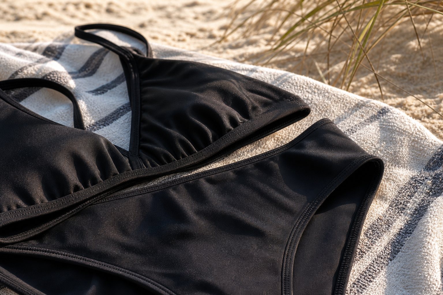 Close crop of black Siren-Silk fabric and seam detail on a Jersey Shore towel.